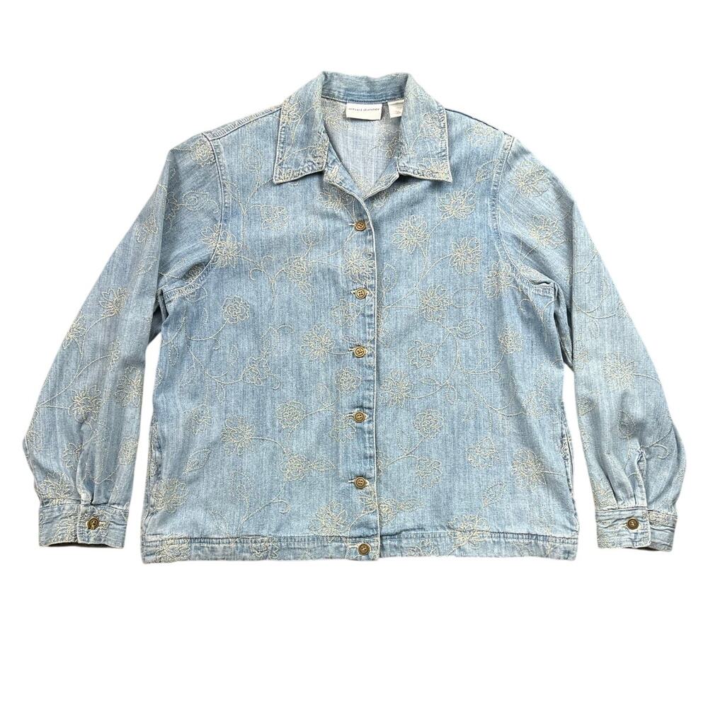 Alfred Dunner Embroidered Denim Jacket Floral Button Front Blue 2000s - 14